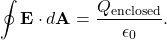 \[ \oint \mathbf{E} \cdot d\mathbf{A} = \frac{Q_{\rm enclosed}}{\epsilon_0} . \]