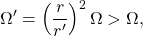 \begin{equation*}   \Omega' = \left( \frac{r}{r'} \right)^2 \Omega > \Omega , \end{equation*}